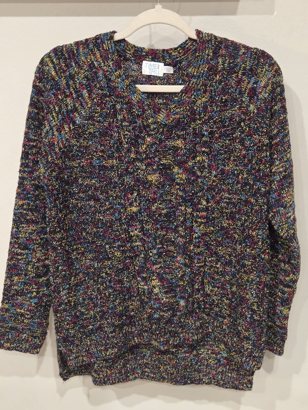 Time and Tru Multicolor Speckled Crewneck Sweater - Black, Blue, Yellow, Pink